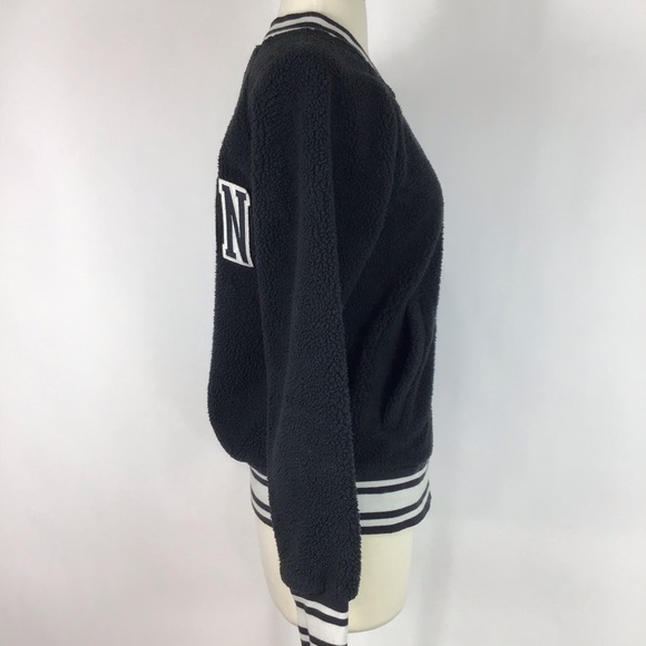 Champion Sherpa bomber jacket Womens S black spell out collegiate Preppy Cropped - Picture 5 of 15